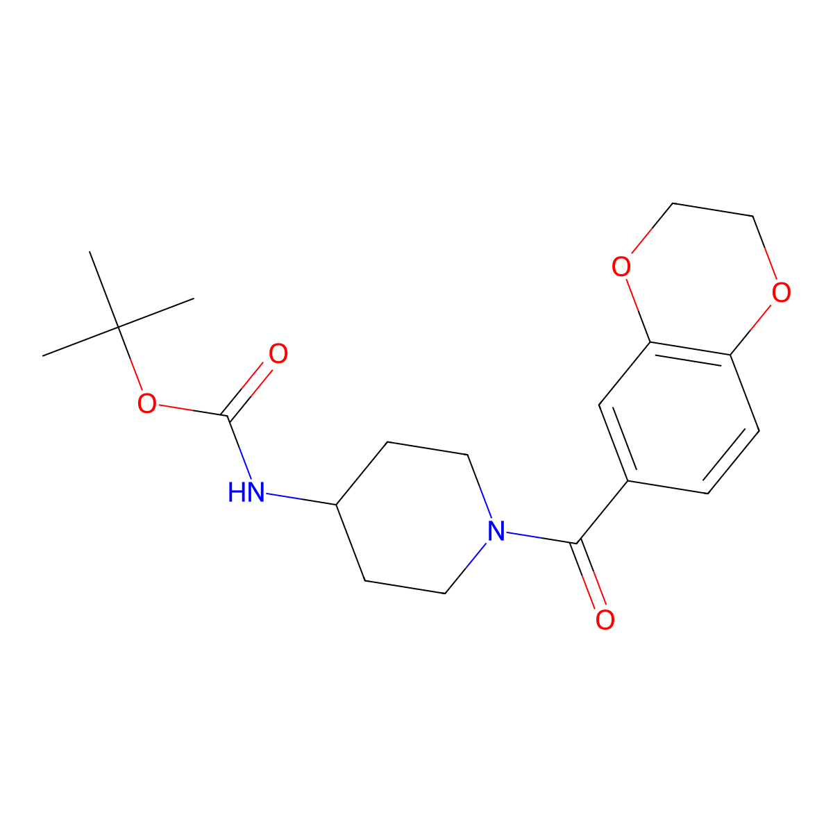 Tert-butyl (1-(2,3-dihydrobenzo[b][1,4]dioxine-6-carbonyl)piperidin-4-yl)carbamate molecular structure, CAS 1420860-38-3