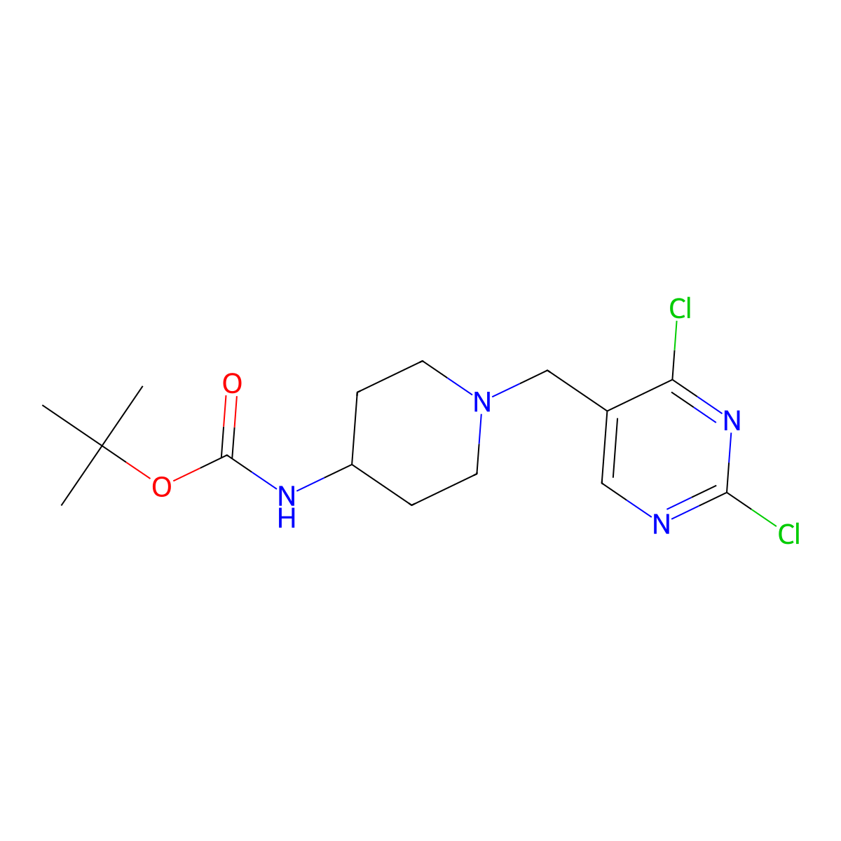 Tert-butyl (1-((2,4-dichloropyrimidin-5-yl)methyl)piperidin-4-yl)carbamate molecular structure, CAS 1420870-25-2