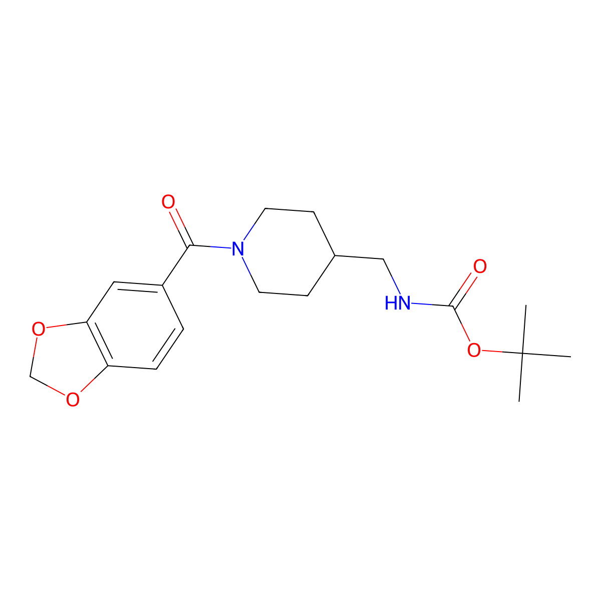 Tert-butyl ((1-(benzo[d][1,3]dioxole-5-carbonyl)piperidin-4-yl)methyl)carbamate molecular structure, CAS 1420875-86-0
