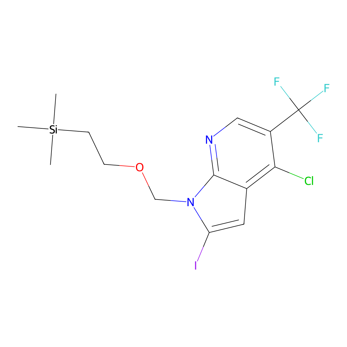 4-chloro-2-iodo-5-(trifluoromethyl)-1-{[2-(trimethylsilyl)ethoxy]methyl}-1H-pyrrolo[2,3-b]pyridine molecular structure, CAS 1420885-94-4