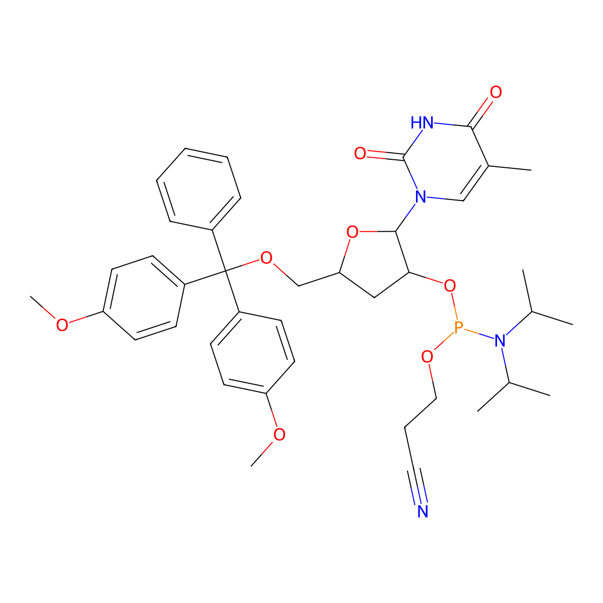 3-[[(2R,3R,5S)-5-[[Bis(4-methoxyphenyl)-phenylmethoxy]methyl]-2-(5-methyl-2,4-dioxopyrimidin-1-yl)oxolan-3-yl]oxy-[di(propan-2-yl)amino]phosphanyl]oxypropanenitrile molecular structure, CAS 142103-12-6