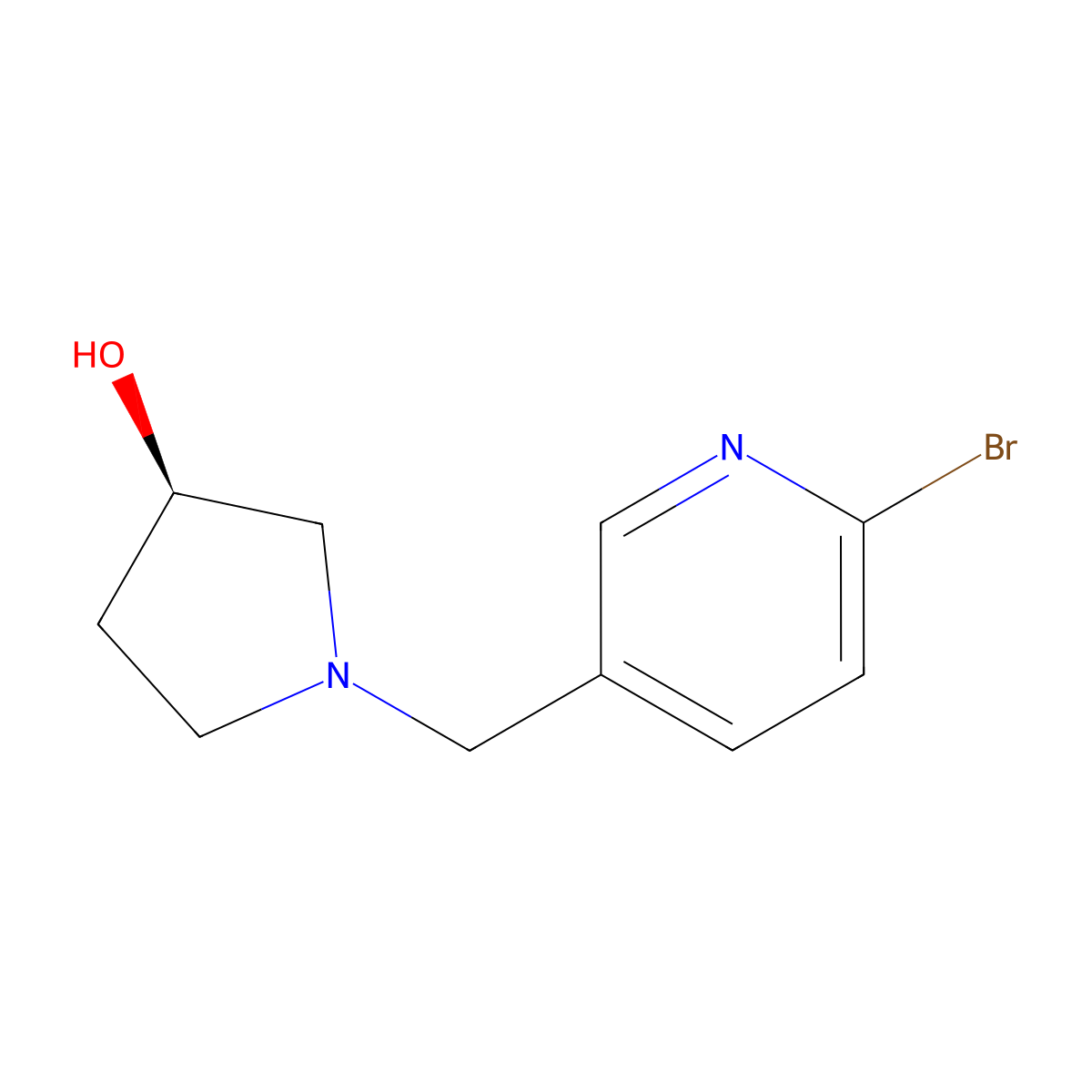 (R)-1-((6-bromopyridin-3-yl)methyl)pyrrolidin-3-ol molecular structure, CAS 1421030-38-7