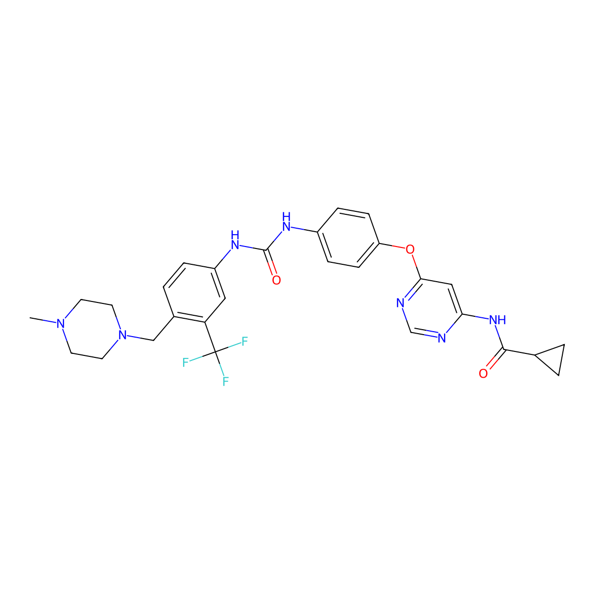N-(6-{4-[({4-[(4-methylpiperazin-1-yl)methyl]-3-(trifluoromethyl)phenyl}carbamoyl)amino]phenoxy}pyrimidin-4-yl)cyclopropanecarboxamide molecular structure, CAS 1421227-52-2
