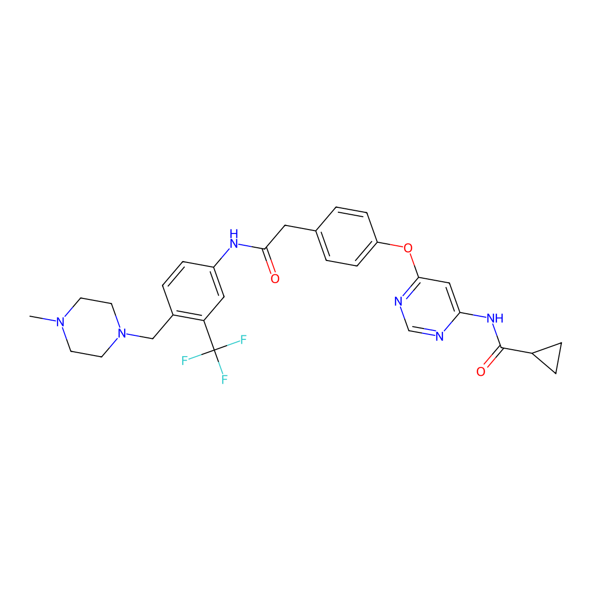 N-(6-(4-(2-((4-((4-Methylpiperazin-1-yl)methyl)-3-(trifluoromethyl)phenyl)amino)-2-oxoethyl)phenoxy)pyrimidin-4-yl)cyclopropanecarboxamide molecular structure, CAS 1421227-53-3