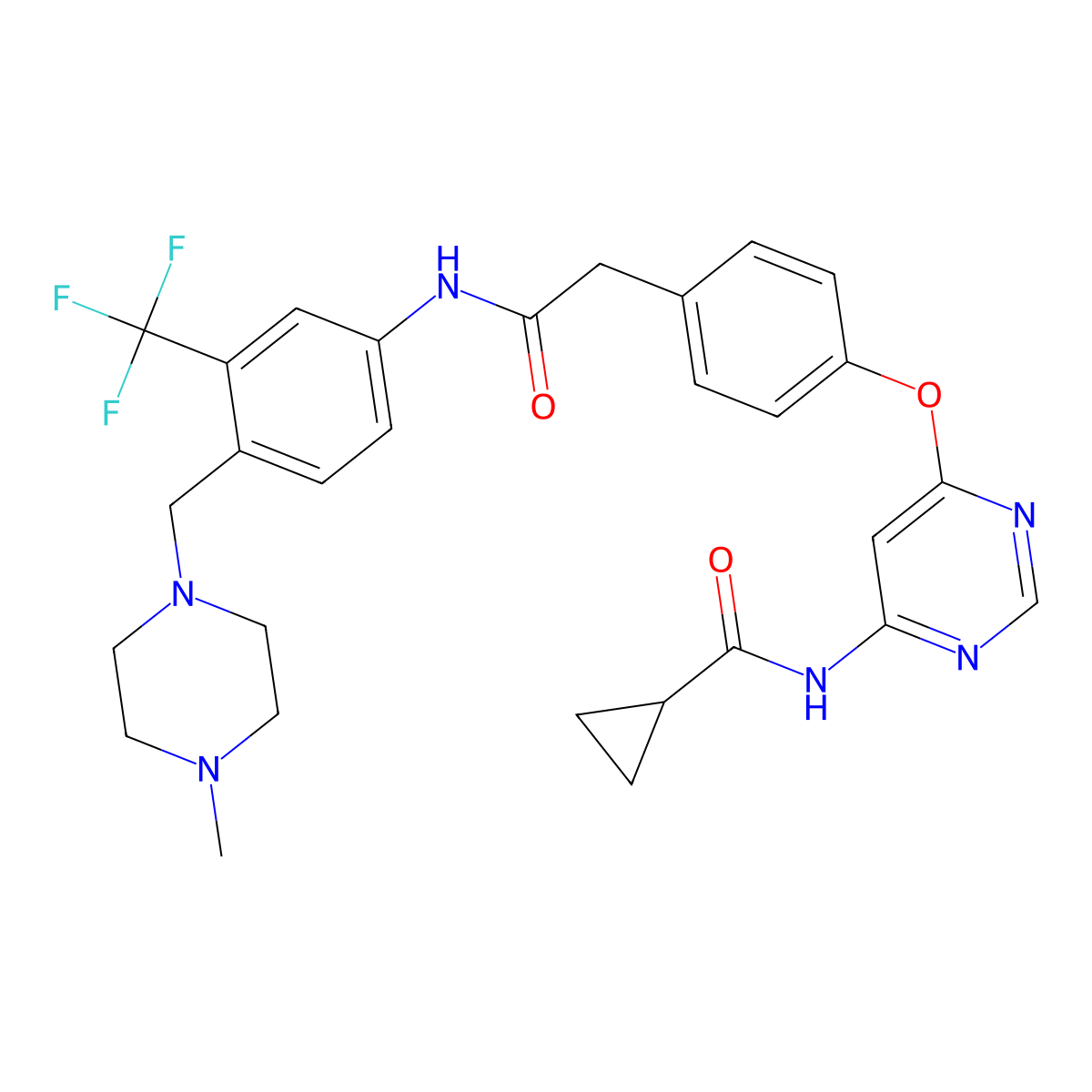 N-(6-(4-(2-((4-((4-Methylpiperazin-1-yl)methyl)-3-(trifluoromethyl)phenyl)amino)-2-oxoethyl)phenoxy)pyrimidin-4-yl)cyclopropanecarboxamide molecular structure, CAS 1421227-53-3