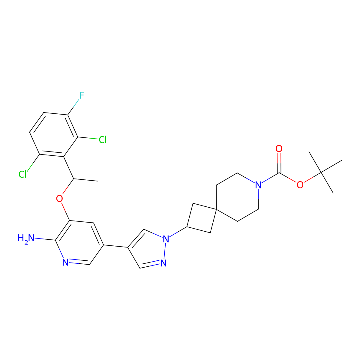 (R)-tert-butyl 2-(4-(6-amino-5-(1-(2,6-dichloro-3-fluorophenyl)ethoxy)pyridin-3-yl)-1H-pyrazol-1-yl)-7-azaspiro[3.5]nonane-7-carboxylate molecular structure, CAS 1421270-73-6
