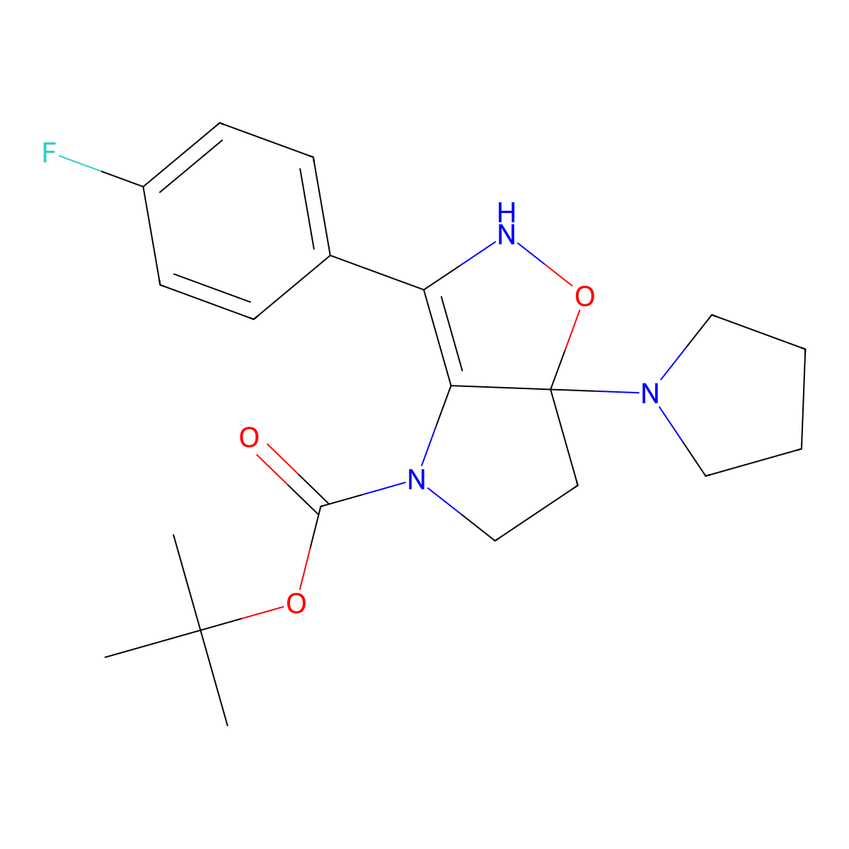 3-(4-Fluoro-phenyl)-6a-pyrrolidin-1-yl-2,5,6,6a-tetrahydro-1-oxa-2,4-diaza-pentalene-4-carboxylic acid tert-butyl ester molecular structure, CAS 1421312-03-9