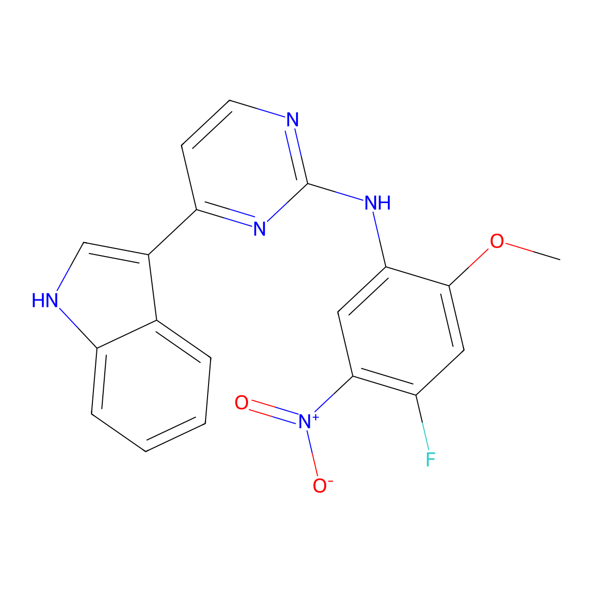 N-(4-fluoro-2-methoxy-5-nitrophenyl)-4-(1H-indol-3-yl)pyrimidin-2-amine molecular structure, CAS 1421372-34-0