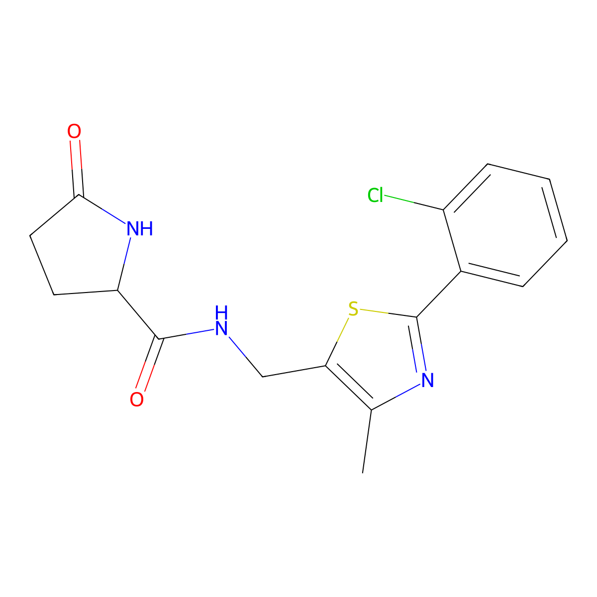 N-((2-(2-chlorophenyl)-4-methylthiazol-5-yl)methyl)-5-oxopyrrolidine-2-carboxamide molecular structure, CAS 1421441-09-9