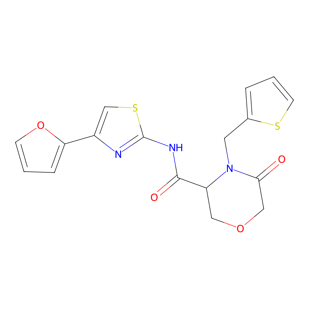 N-(4-(furan-2-yl)thiazol-2-yl)-5-oxo-4-(thiophen-2-ylmethyl)morpholine-3-carboxamide molecular structure, CAS 1421441-14-6