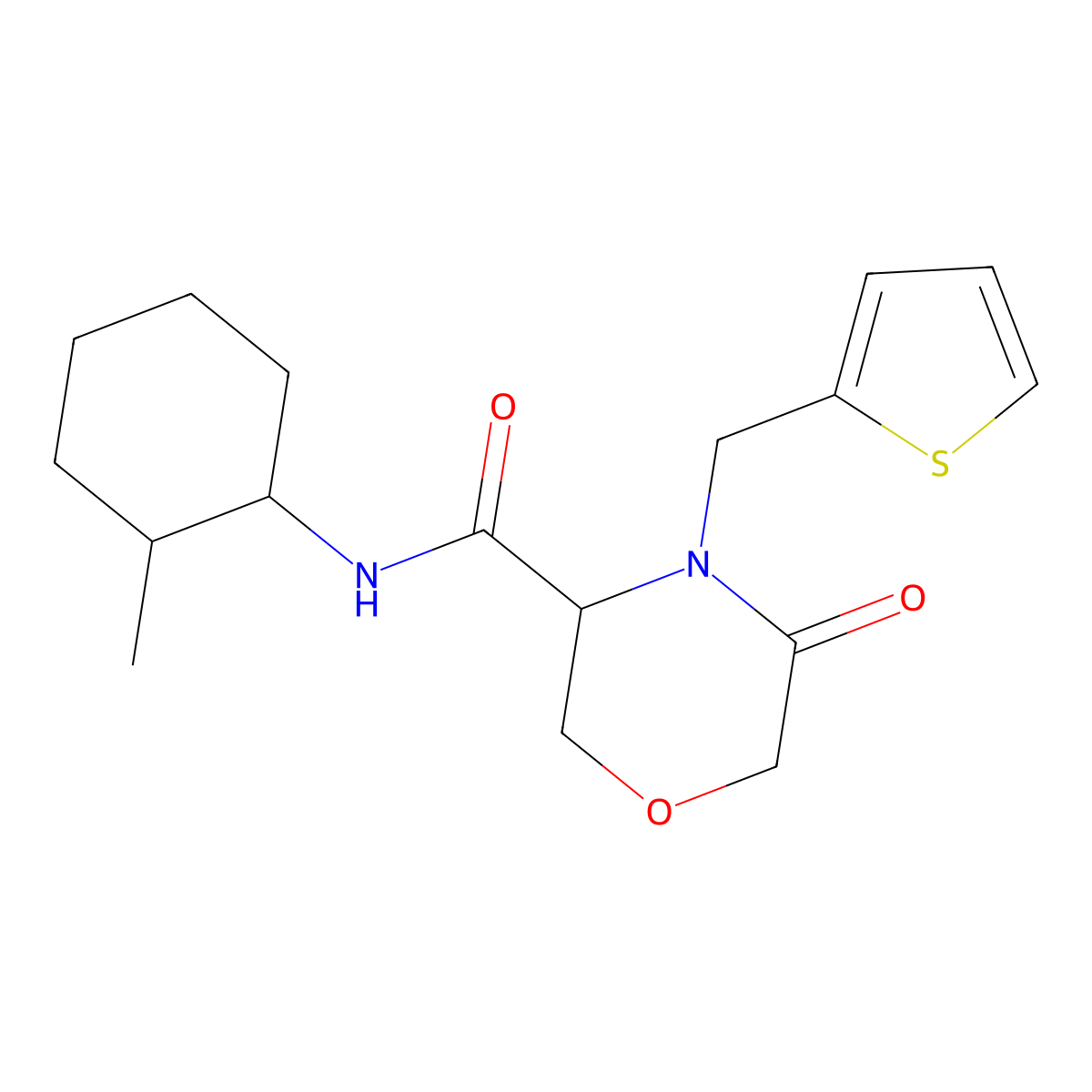 N-(2-methylcyclohexyl)-5-oxo-4-(thiophen-2-ylmethyl)morpholine-3-carboxamide molecular structure, CAS 1421441-18-0