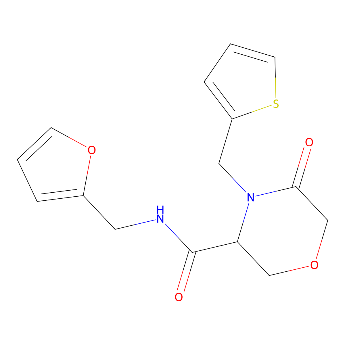 N-(furan-2-ylmethyl)-5-oxo-4-(thiophen-2-ylmethyl)morpholine-3-carboxamide molecular structure, CAS 1421441-29-3