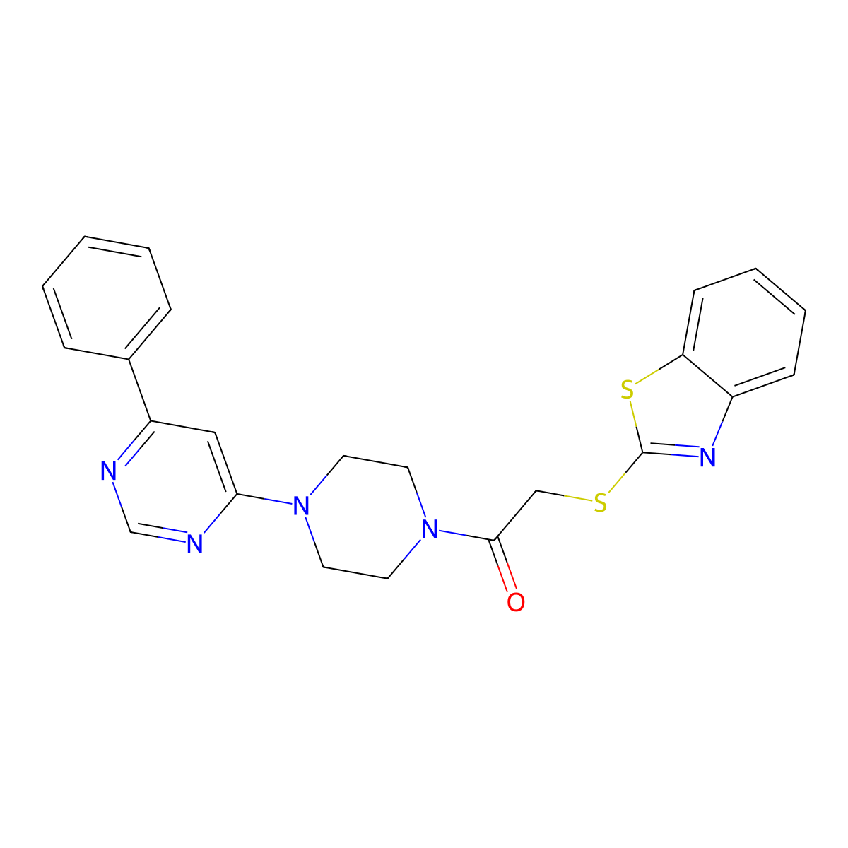 2-(Benzo[d]thiazol-2-ylthio)-1-(4-(6-phenylpyrimidin-4-yl)piperazin-1-yl)ethanone molecular structure, CAS 1421441-32-8