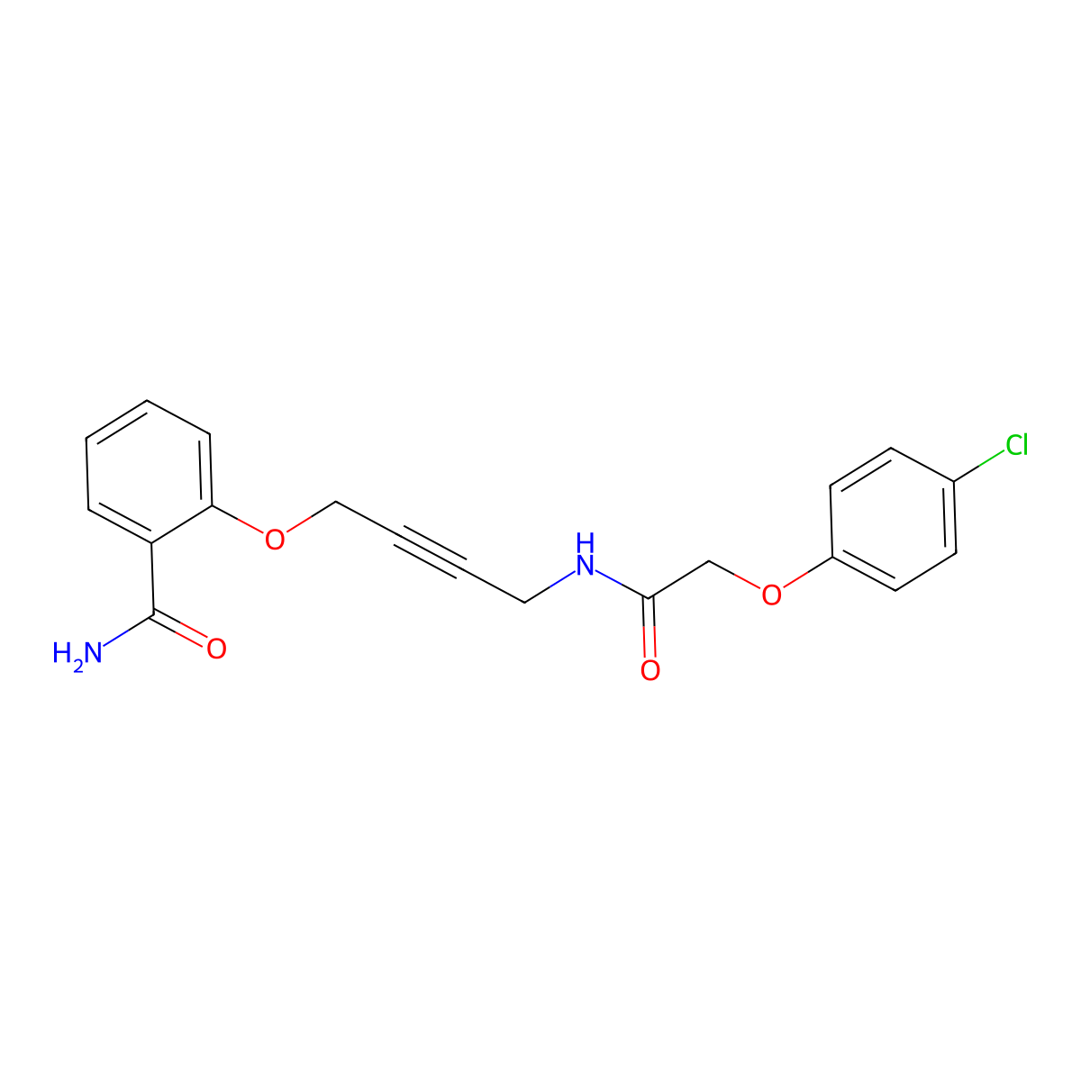 2-((4-(2-(4-Chlorophenoxy)acetamido)but-2-yn-1-yl)oxy)benzamide molecular structure, CAS 1421441-45-3