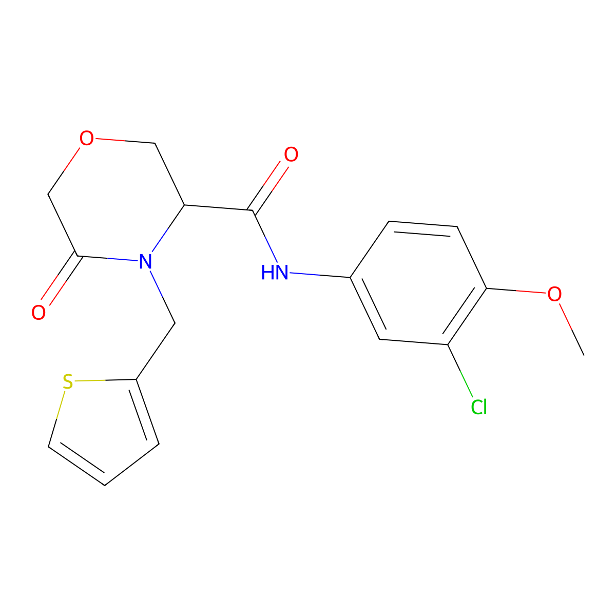 N-(3-chloro-4-methoxyphenyl)-5-oxo-4-(thiophen-2-ylmethyl)morpholine-3-carboxamide molecular structure, CAS 1421441-46-4