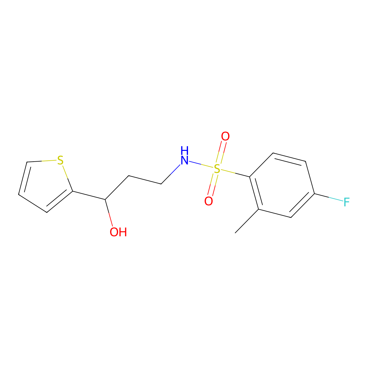4-fluoro-N-(3-hydroxy-3-(thiophen-2-yl)propyl)-2-methylbenzenesulfonamide molecular structure, CAS 1421441-54-4