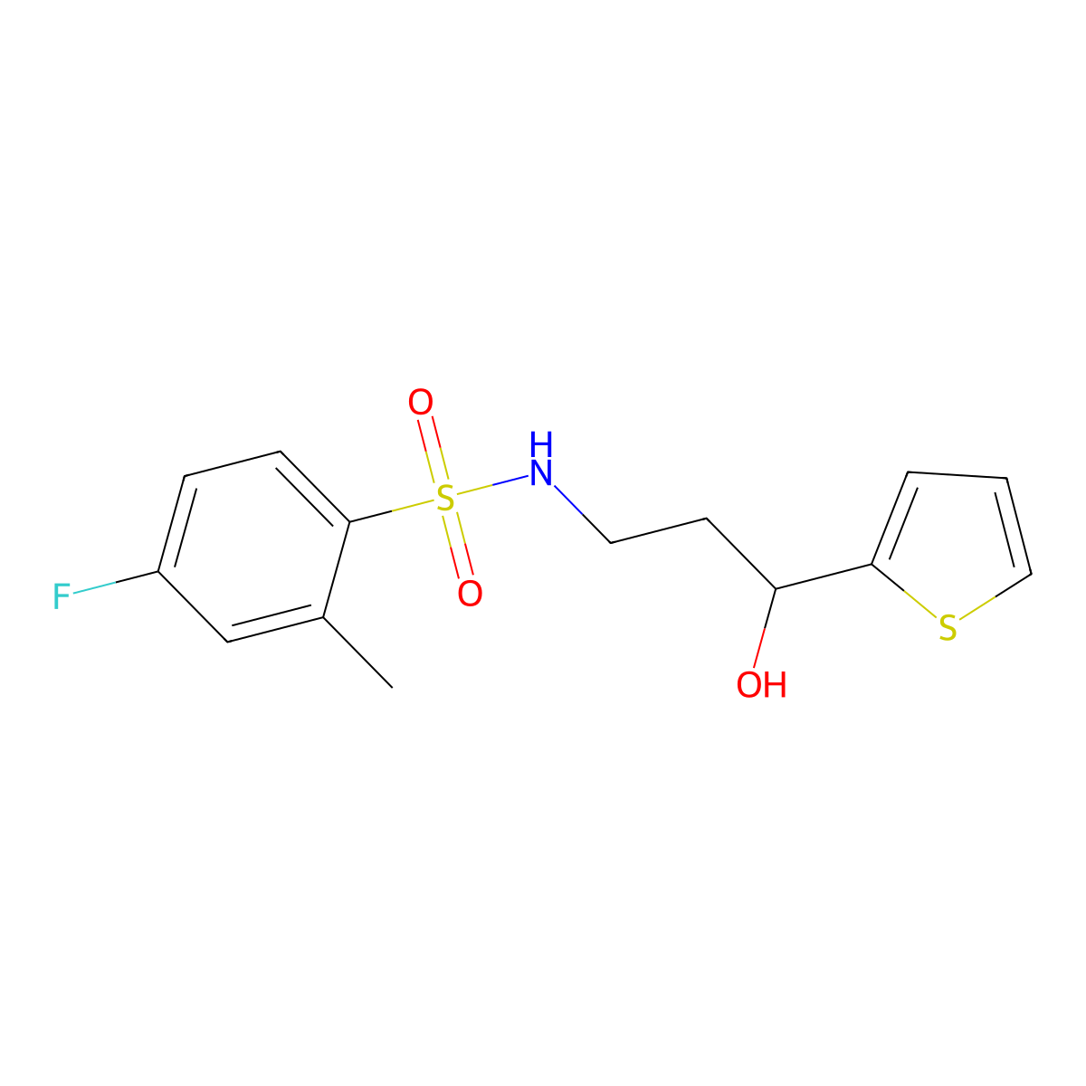 4-fluoro-N-(3-hydroxy-3-(thiophen-2-yl)propyl)-2-methylbenzenesulfonamide molecular structure, CAS 1421441-54-4