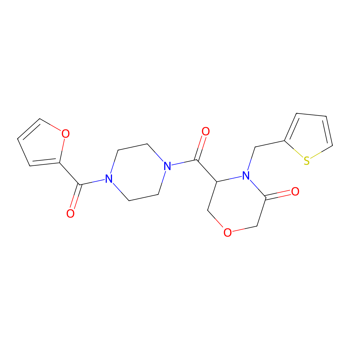 5-(4-(Furan-2-carbonyl)piperazine-1-carbonyl)-4-(thiophen-2-ylmethyl)morpholin-3-one molecular structure, CAS 1421441-55-5