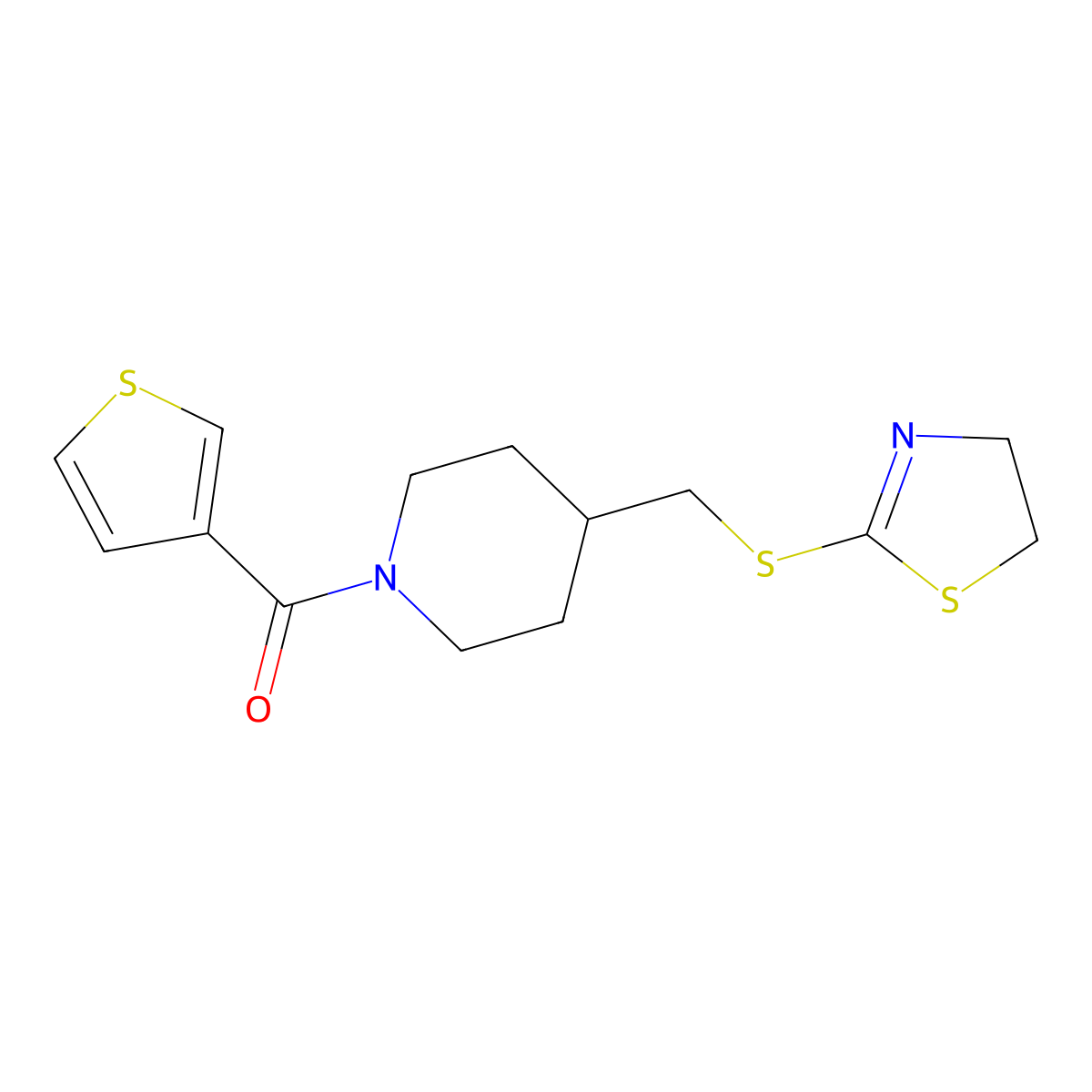 (4-(((4,5-Dihydrothiazol-2-yl)thio)methyl)piperidin-1-yl)(thiophen-3-yl)methanone molecular structure, CAS 1421441-57-7