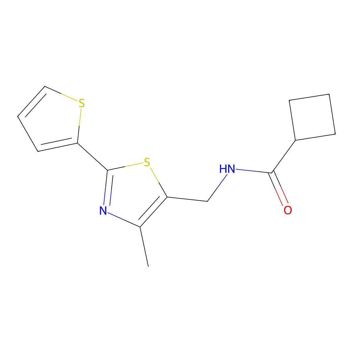N-((4-methyl-2-(thiophen-2-yl)thiazol-5-yl)methyl)cyclobutanecarboxamide molecular structure, CAS 1421441-68-0