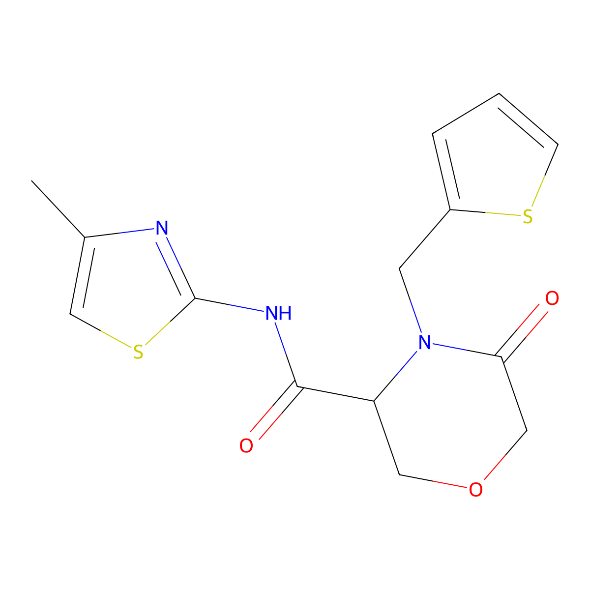 N-(4-methylthiazol-2-yl)-5-oxo-4-(thiophen-2-ylmethyl)morpholine-3-carboxamide molecular structure, CAS 1421441-72-6