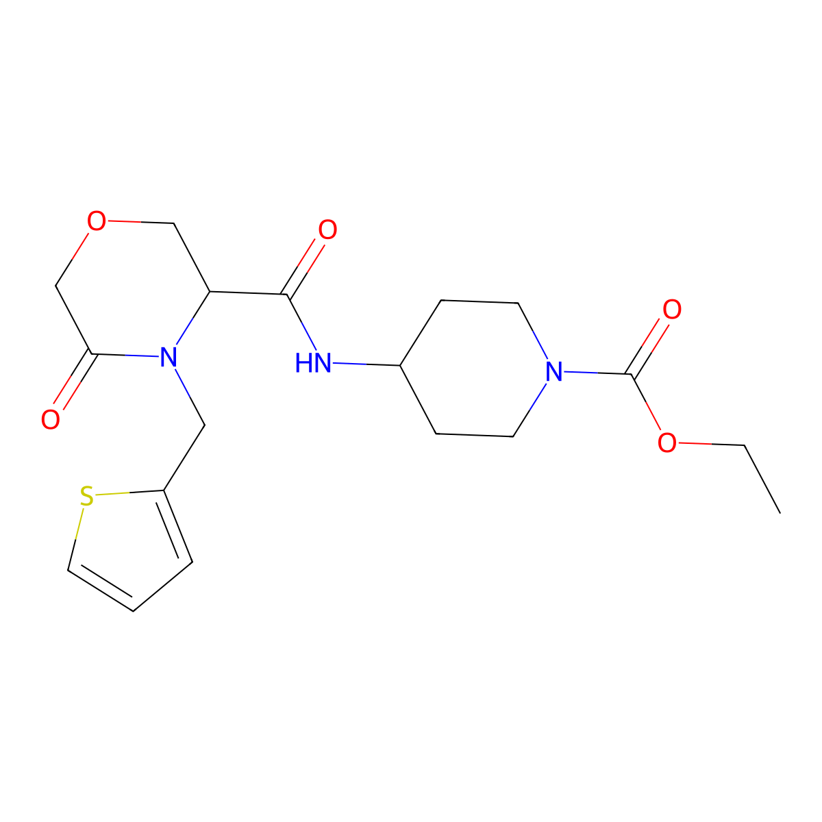 Ethyl 4-(5-oxo-4-(thiophen-2-ylmethyl)morpholine-3-carboxamido)piperidine-1-carboxylate molecular structure, CAS 1421441-80-6