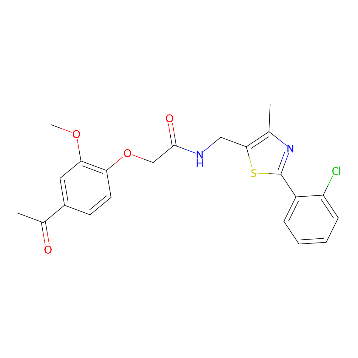 2-(4-acetyl-2-methoxyphenoxy)-N-((2-(2-chlorophenyl)-4-methylthiazol-5-yl)methyl)acetamide molecular structure, CAS 1421441-95-3