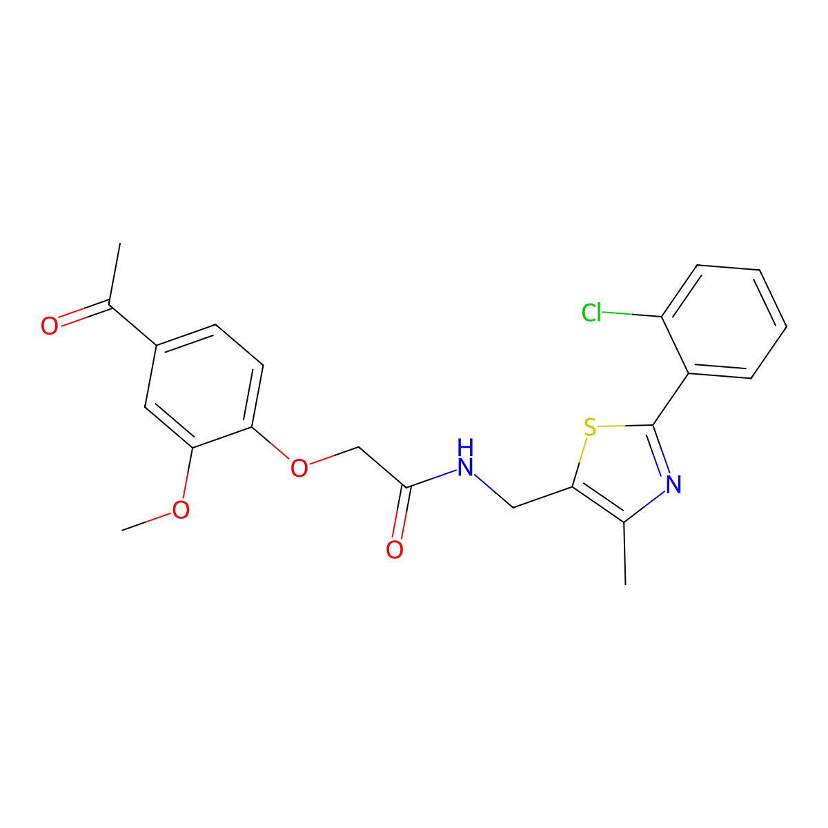 2-(4-acetyl-2-methoxyphenoxy)-N-((2-(2-chlorophenyl)-4-methylthiazol-5-yl)methyl)acetamide molecular structure, CAS 1421441-95-3