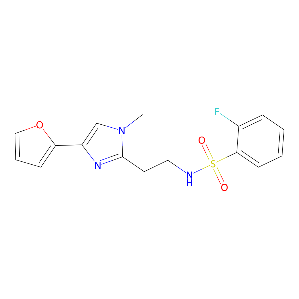 2-fluoro-N-(2-(4-(furan-2-yl)-1-methyl-1H-imidazol-2-yl)ethyl)benzenesulfonamide molecular structure, CAS 1421441-98-6