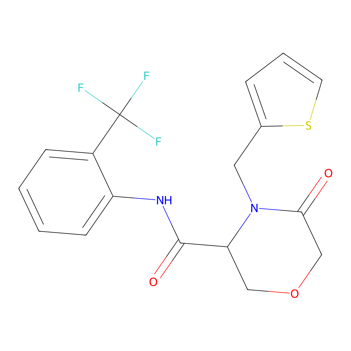 5-oxo-4-(thiophen-2-ylmethyl)-N-(2-(trifluoromethyl)phenyl)morpholine-3-carboxamide molecular structure, CAS 1421442-05-8