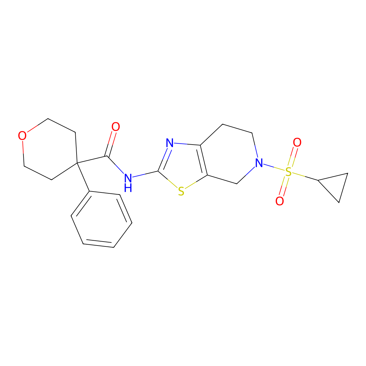 N-(5-(cyclopropylsulfonyl)-4,5,6,7-tetrahydrothiazolo[5,4-c]pyridin-2-yl)-4-phenyltetrahydro-2H-pyran-4-carboxamide molecular structure, CAS 1421442-08-1