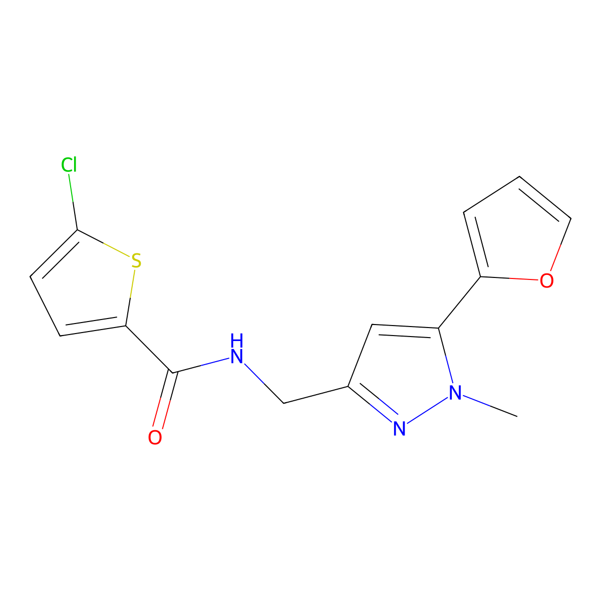 5-chloro-N-((5-(furan-2-yl)-1-methyl-1H-pyrazol-3-yl)methyl)thiophene-2-carboxamide molecular structure, CAS 1421442-10-5