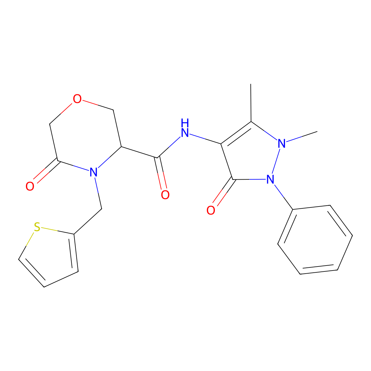 N-(1,5-dimethyl-3-oxo-2-phenyl-2,3-dihydro-1H-pyrazol-4-yl)-5-oxo-4-(thiophen-2-ylmethyl)morpholine-3-carboxamide molecular structure, CAS 1421442-14-9
