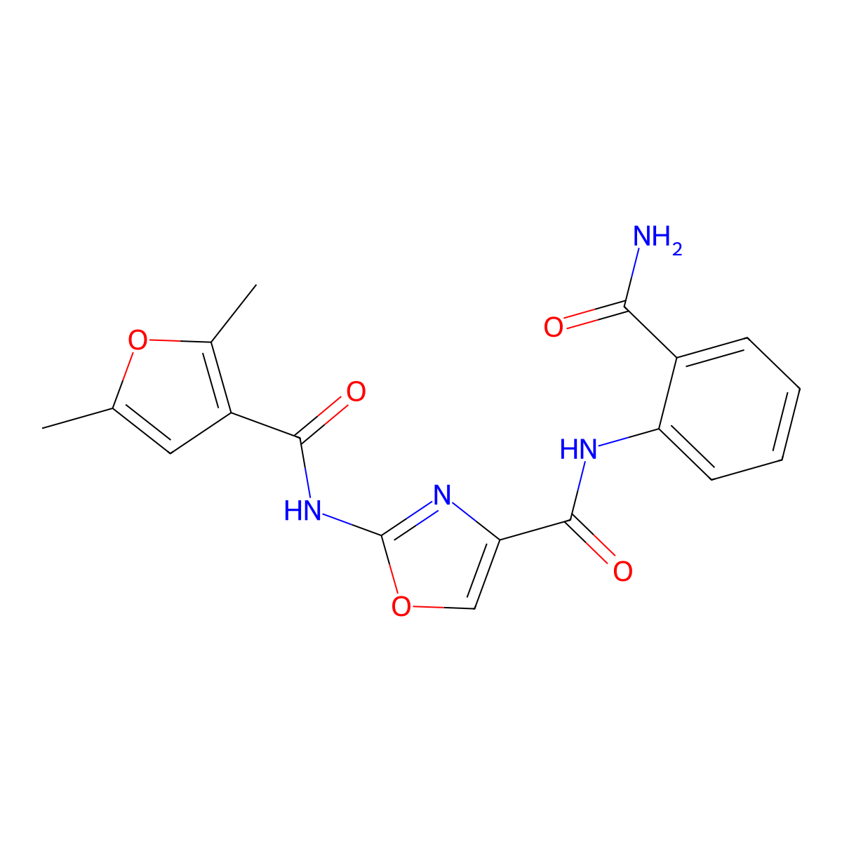 N-(2-carbamoylphenyl)-2-(2,5-dimethylfuran-3-carboxamido)oxazole-4-carboxamide molecular structure, CAS 1421442-22-9