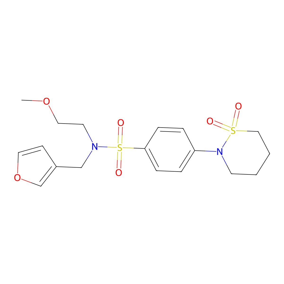 4-(1,1-dioxo-1lambda6,2-thiazinan-2-yl)-N-[(furan-3-yl)methyl]-N-(2-methoxyethyl)benzene-1-sulfonamide molecular structure, CAS 1421442-25-2