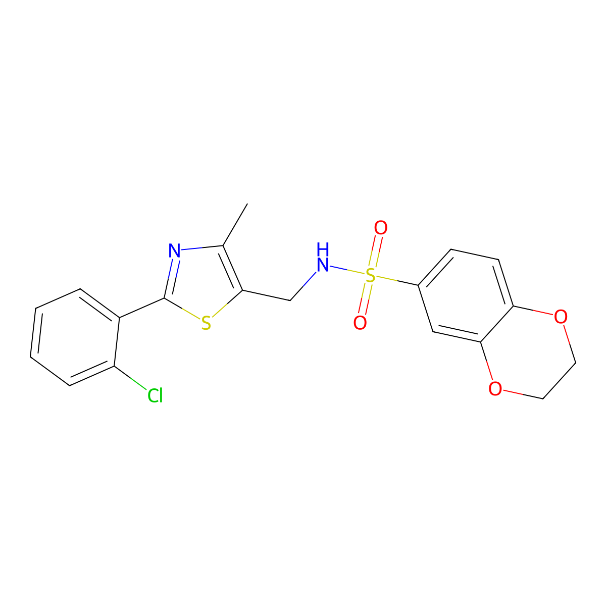 N-((2-(2-chlorophenyl)-4-methylthiazol-5-yl)methyl)-2,3-dihydrobenzo[b][1,4]dioxine-6-sulfonamide molecular structure, CAS 1421442-27-4