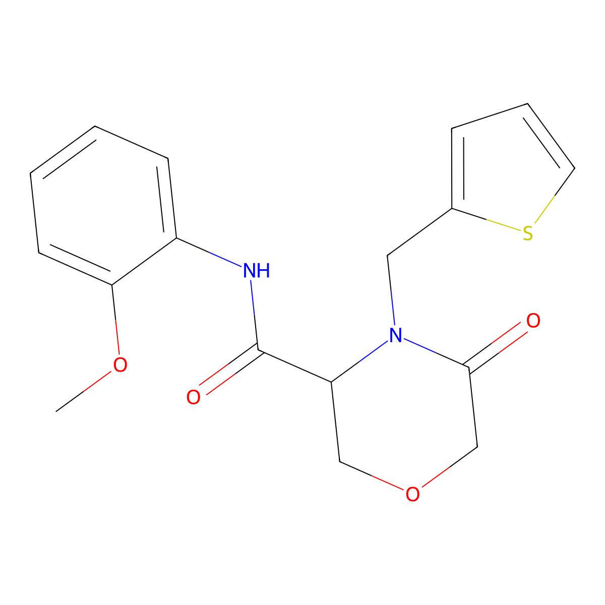 N-(2-methoxyphenyl)-5-oxo-4-(thiophen-2-ylmethyl)morpholine-3-carboxamide molecular structure, CAS 1421442-31-0