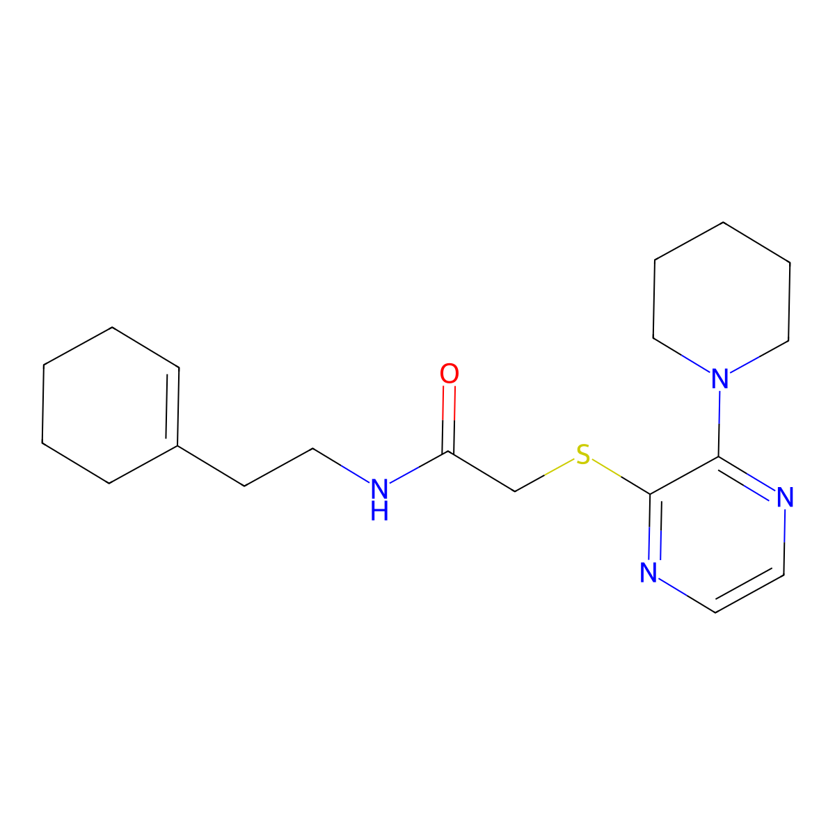N-[2-(Cyclohex-1-EN-1-YL)ethyl]-2-{[3-(piperidin-1-YL)pyrazin-2-YL]sulfanyl}acetamide molecular structure, CAS 1421442-47-8