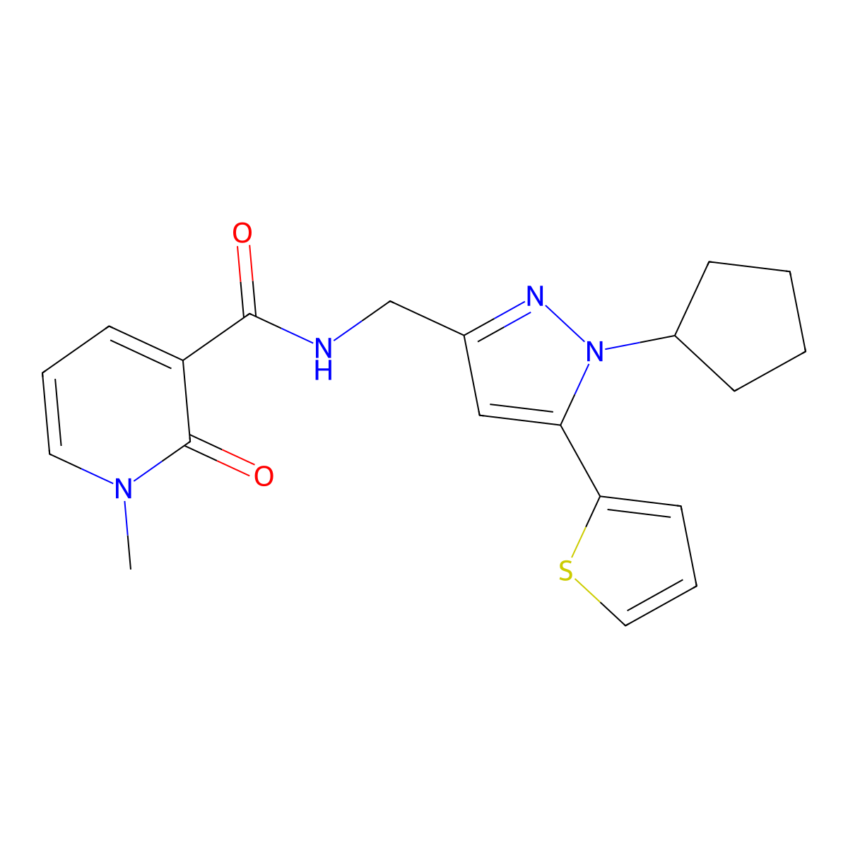 N-{[1-cyclopentyl-5-(thiophen-2-yl)-1H-pyrazol-3-yl]methyl}-1-methyl-2-oxo-1,2-dihydropyridine-3-carboxamide molecular structure, CAS 1421442-48-9