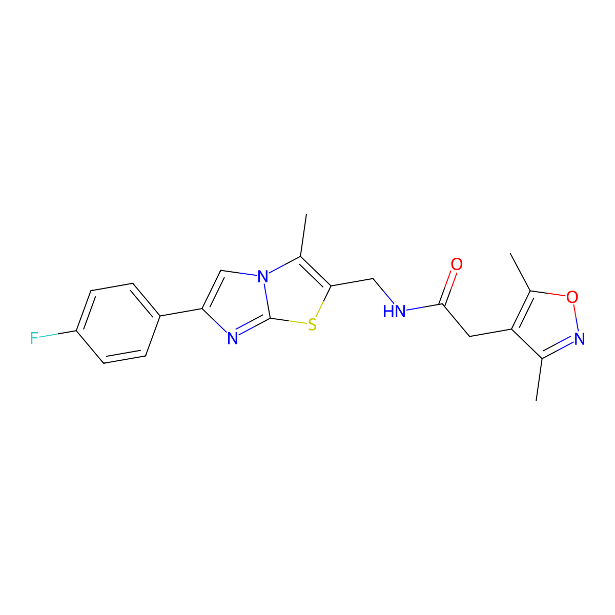 2-(3,5-dimethylisoxazol-4-yl)-N-((6-(4-fluorophenyl)-3-methylimidazo[2,1-b]thiazol-2-yl)methyl)acetamide molecular structure, CAS 1421442-52-5