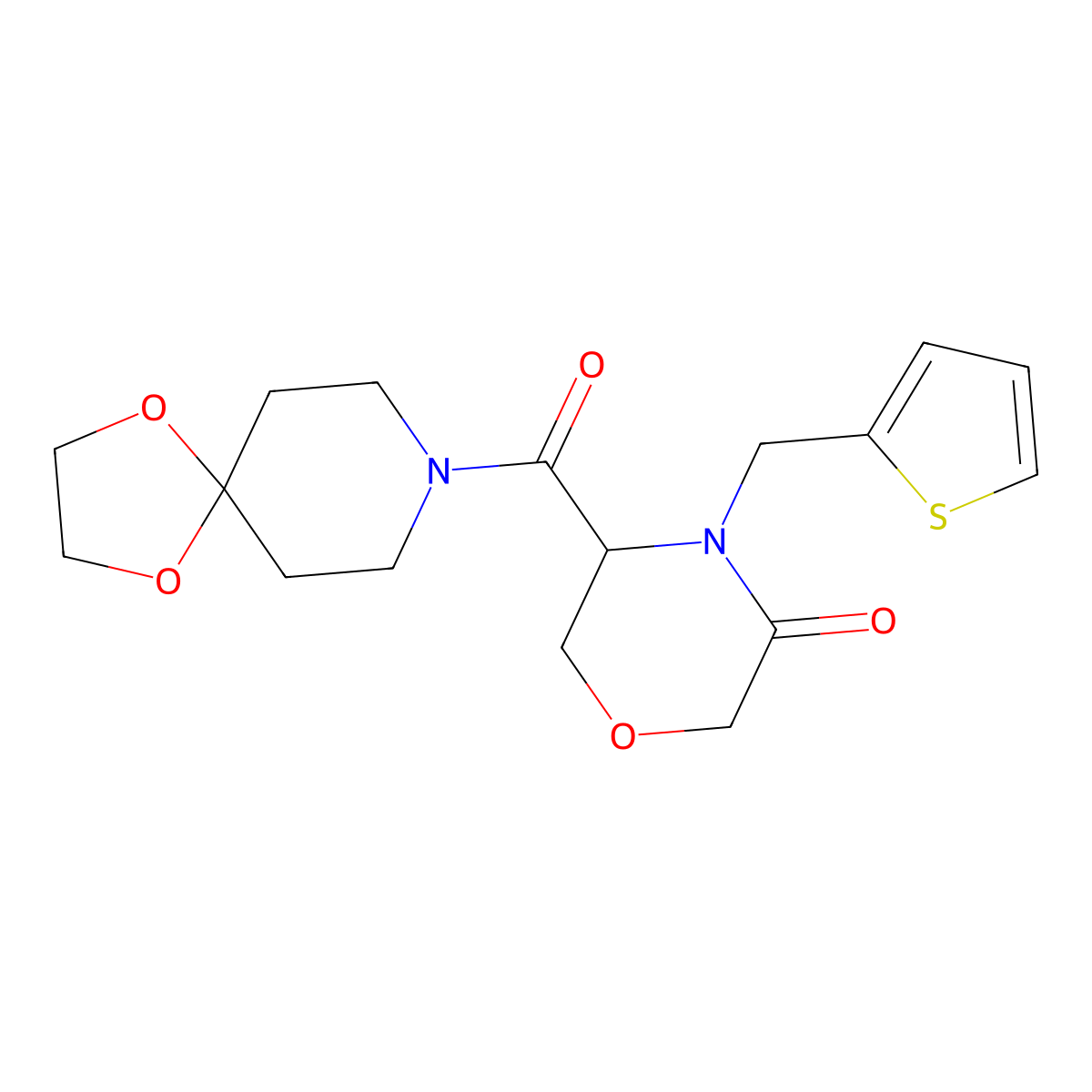 5-(1,4-Dioxa-8-azaspiro[4.5]decane-8-carbonyl)-4-(thiophen-2-ylmethyl)morpholin-3-one molecular structure, CAS 1421442-58-1