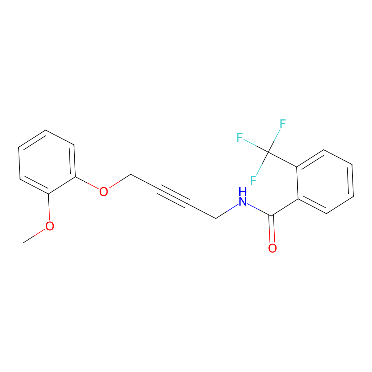 N-(4-(2-methoxyphenoxy)but-2-yn-1-yl)-2-(trifluoromethyl)benzamide molecular structure, CAS 1421442-70-7
