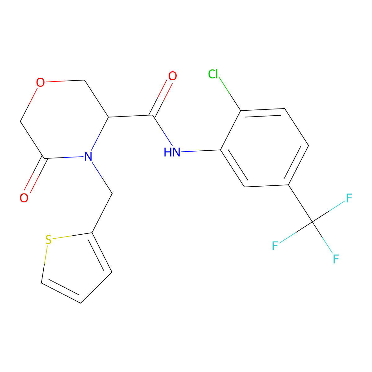 N-(2-chloro-5-(trifluoromethyl)phenyl)-5-oxo-4-(thiophen-2-ylmethyl)morpholine-3-carboxamide molecular structure, CAS 1421442-73-0