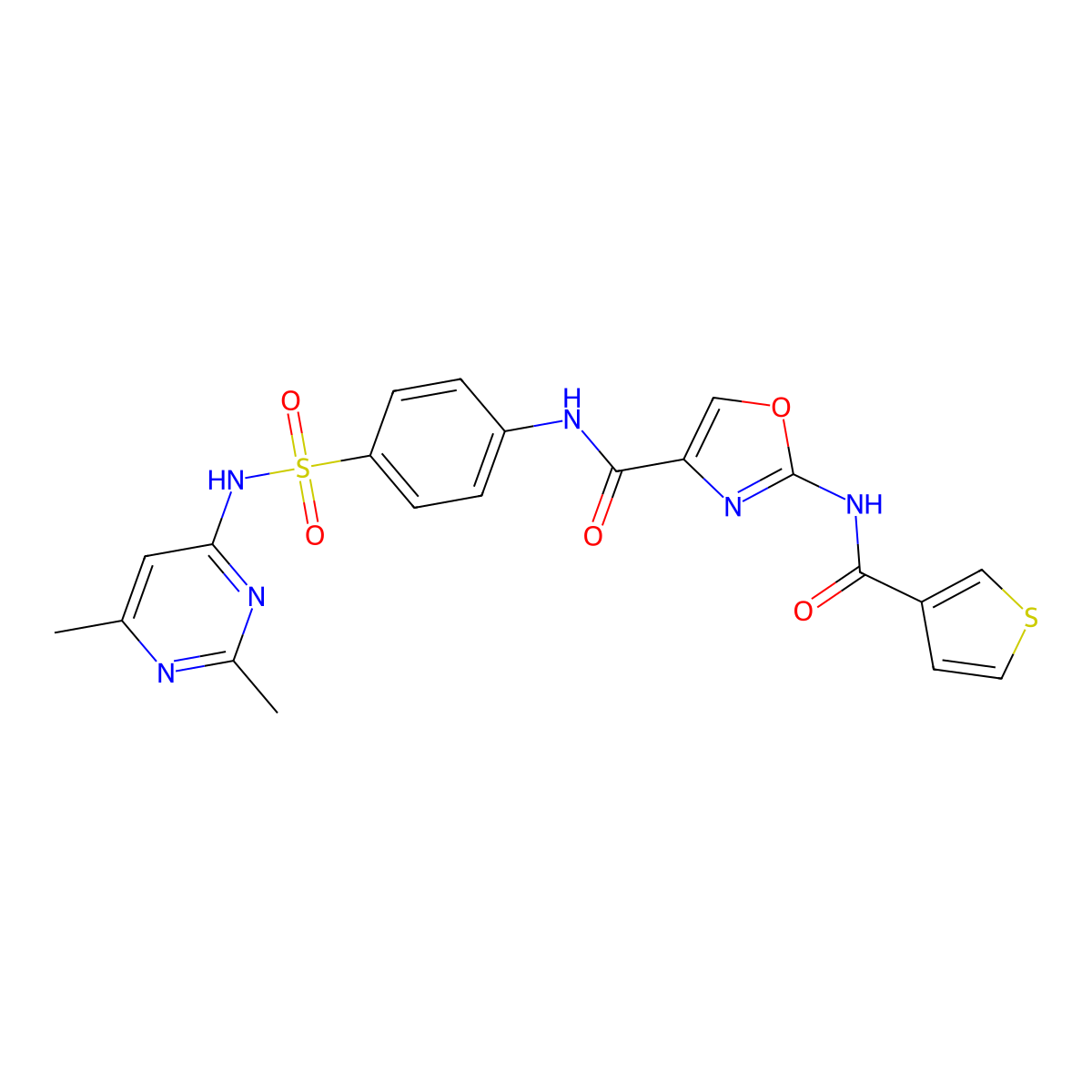N-(4-(N-(2,6-dimethylpyrimidin-4-yl)sulfamoyl)phenyl)-2-(thiophene-3-carboxamido)oxazole-4-carboxamide molecular structure, CAS 1421442-81-0