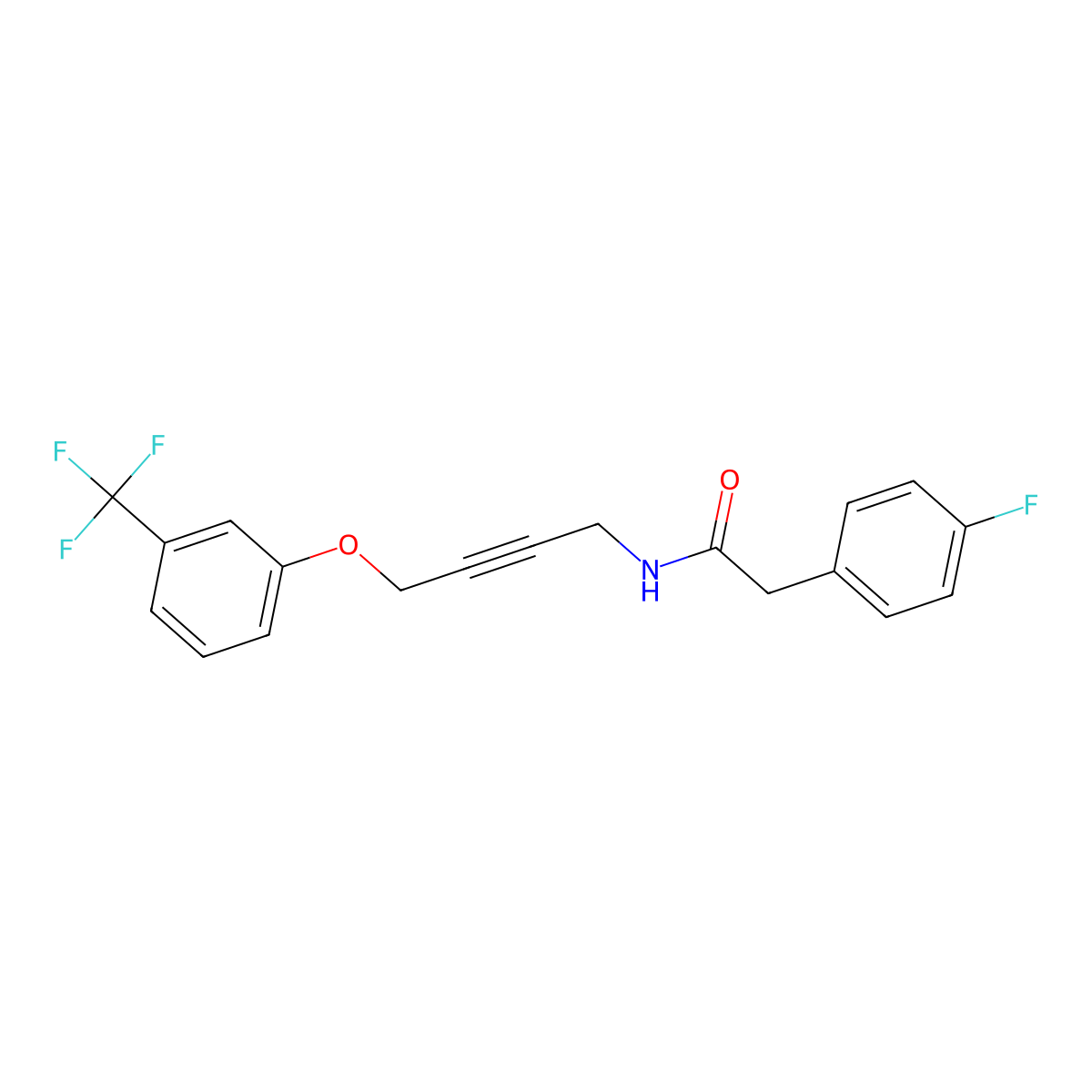 2-(4-fluorophenyl)-N-(4-(3-(trifluoromethyl)phenoxy)but-2-yn-1-yl)acetamide molecular structure, CAS 1421442-83-2