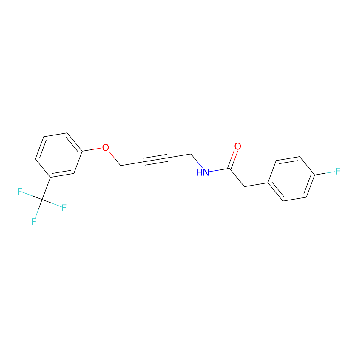 2-(4-fluorophenyl)-N-(4-(3-(trifluoromethyl)phenoxy)but-2-yn-1-yl)acetamide molecular structure, CAS 1421442-83-2