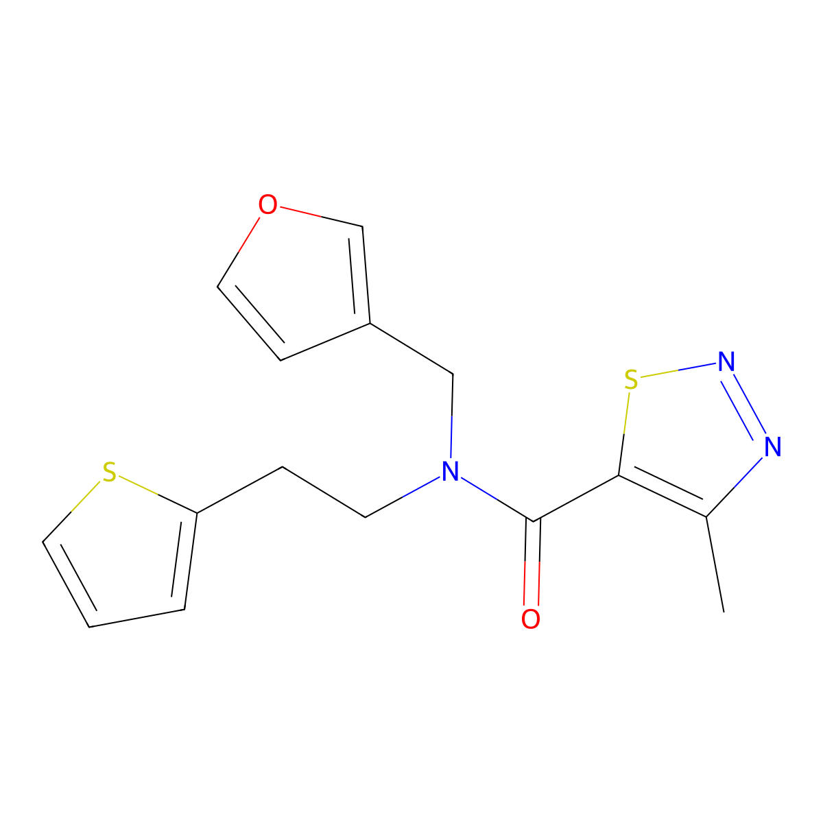 N-(furan-3-ylmethyl)-4-methyl-N-(2-(thiophen-2-yl)ethyl)-1,2,3-thiadiazole-5-carboxamide molecular structure, CAS 1421442-86-5