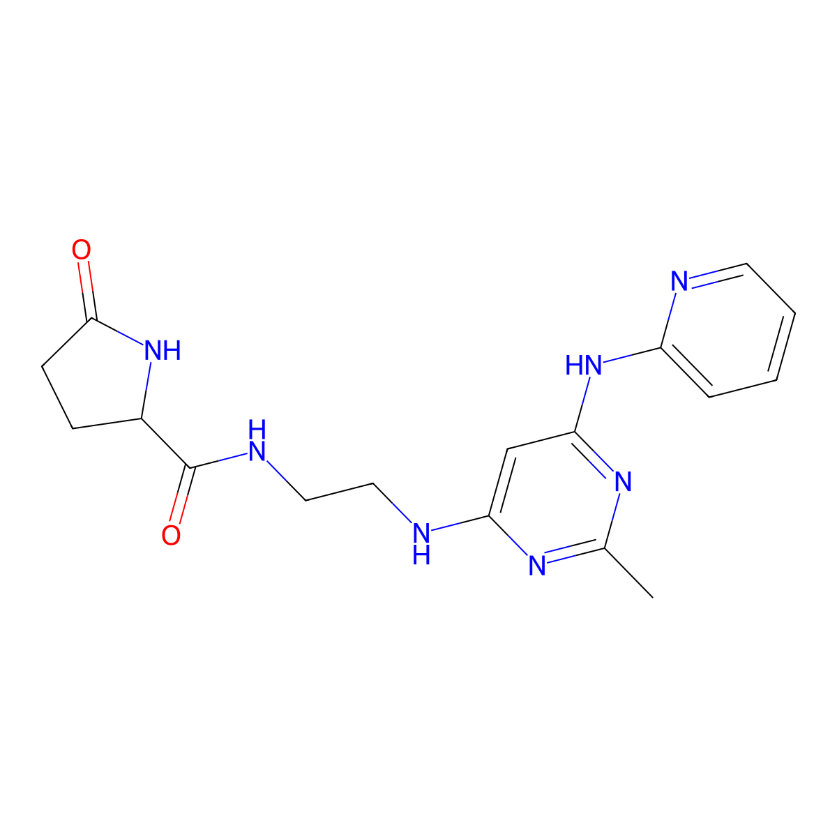 N-(2-((2-methyl-6-(pyridin-2-ylamino)pyrimidin-4-yl)amino)ethyl)-5-oxopyrrolidine-2-carboxamide molecular structure, CAS 1421442-98-9