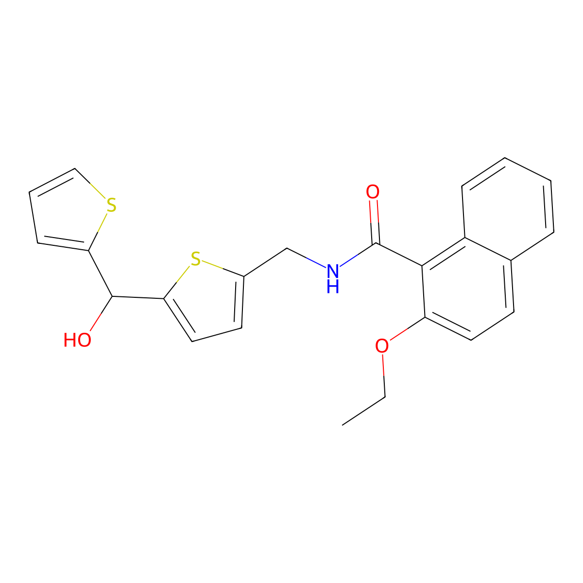 2-ethoxy-N-((5-(hydroxy(thiophen-2-yl)methyl)thiophen-2-yl)methyl)-1-naphthamide molecular structure, CAS 1421443-02-8