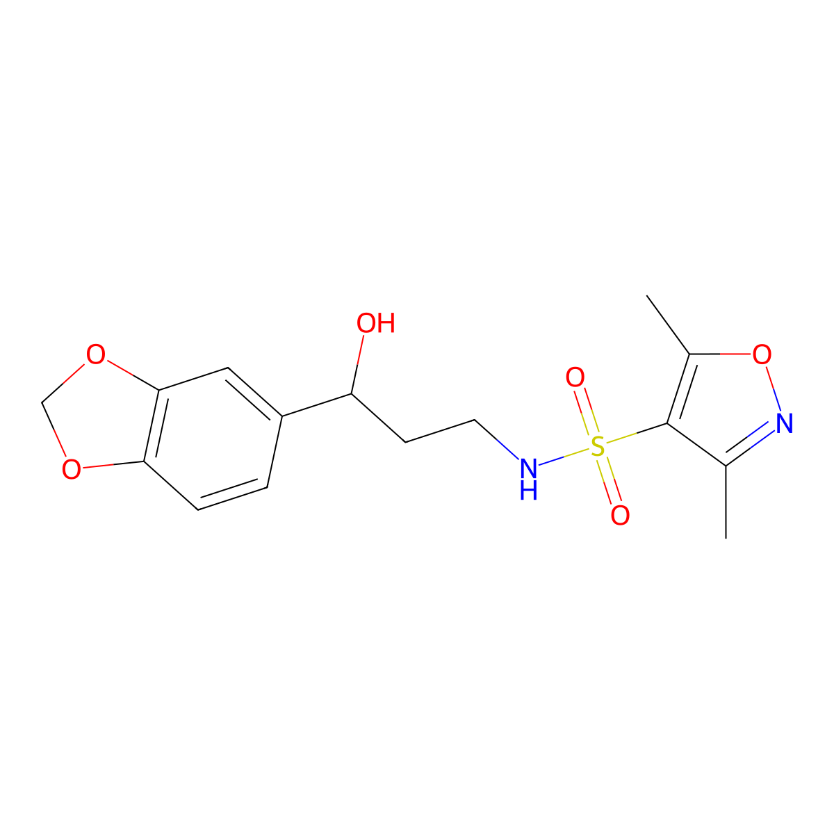 N-(3-(benzo[d][1,3]dioxol-5-yl)-3-hydroxypropyl)-3,5-dimethylisoxazole-4-sulfonamide molecular structure, CAS 1421443-06-2